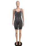 Women Rhinestone-Studded Mesh See-Through Sexy Bodycon Dress