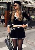 Women Autumn/Winter Turndown Collar Bow Long-Sleeved Top and Skirt Two-Piece Set