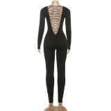 Women Autumn Solid Sexy Cutout Backless Long-Sleeved Jumpsuit