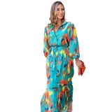 Women Printed Turndown Collar Maxi Dress