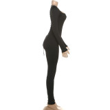Women Autumn Solid Sexy Cutout Backless Long-Sleeved Jumpsuit