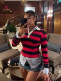 Women Casual Striped Color Block Turndown Collar Polo Top