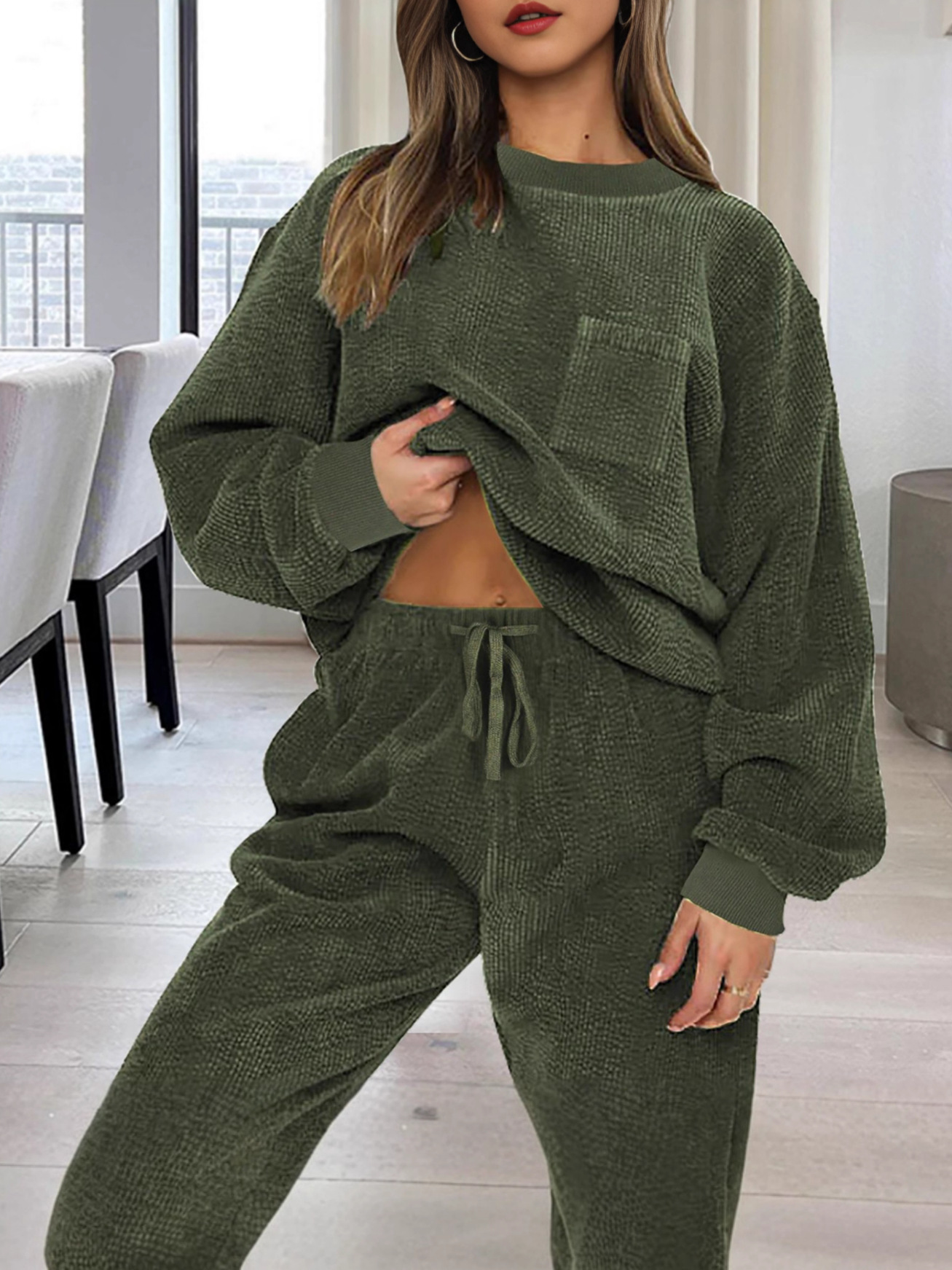 Plus Size Women Casual Solid Long-Sleeved Top and Pants Two-Piece Set