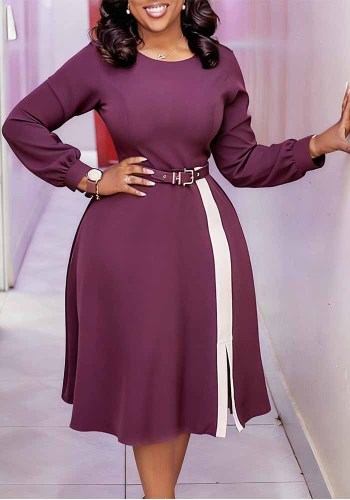 Plus Size African Women Long-Sleeved Round Neck Solid Elegant Color-Blocked Dress