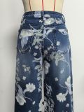 Women Floral Denim Print Wide-Leg Pants