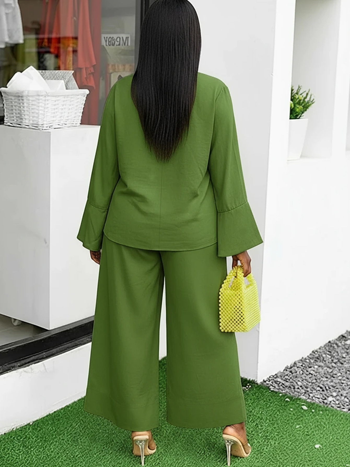 Women Autumn/Winter Irregular Bell Bottom Sleeve Top and Pants Casual Two-Piece Set