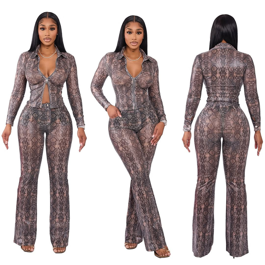 Women Autumn Snake Print Long-Sleeved Zipper Top and Pants Two-Piece Sets