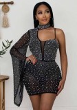 Women Mesh See-Through Sexy One-Sleeve Mini Dress