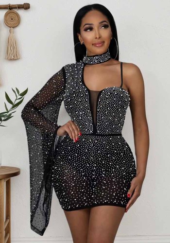 Women Mesh See-Through Sexy One-Sleeve Mini Dress