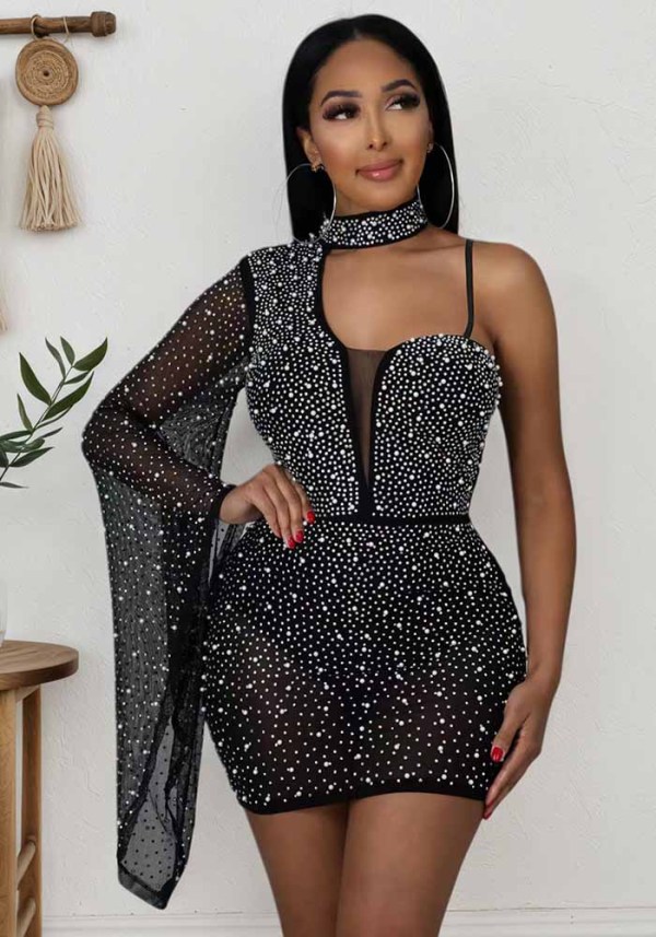 Women Mesh See-Through Sexy One-Sleeve Mini Dress