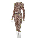 Women French Autumn/Winter Leopard Print Long-Sleeve Crop Top and Shorts Two-Piece Set