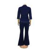 African Women Stretchy Denim Top and Bell Bottom Pant Two-Piece Set