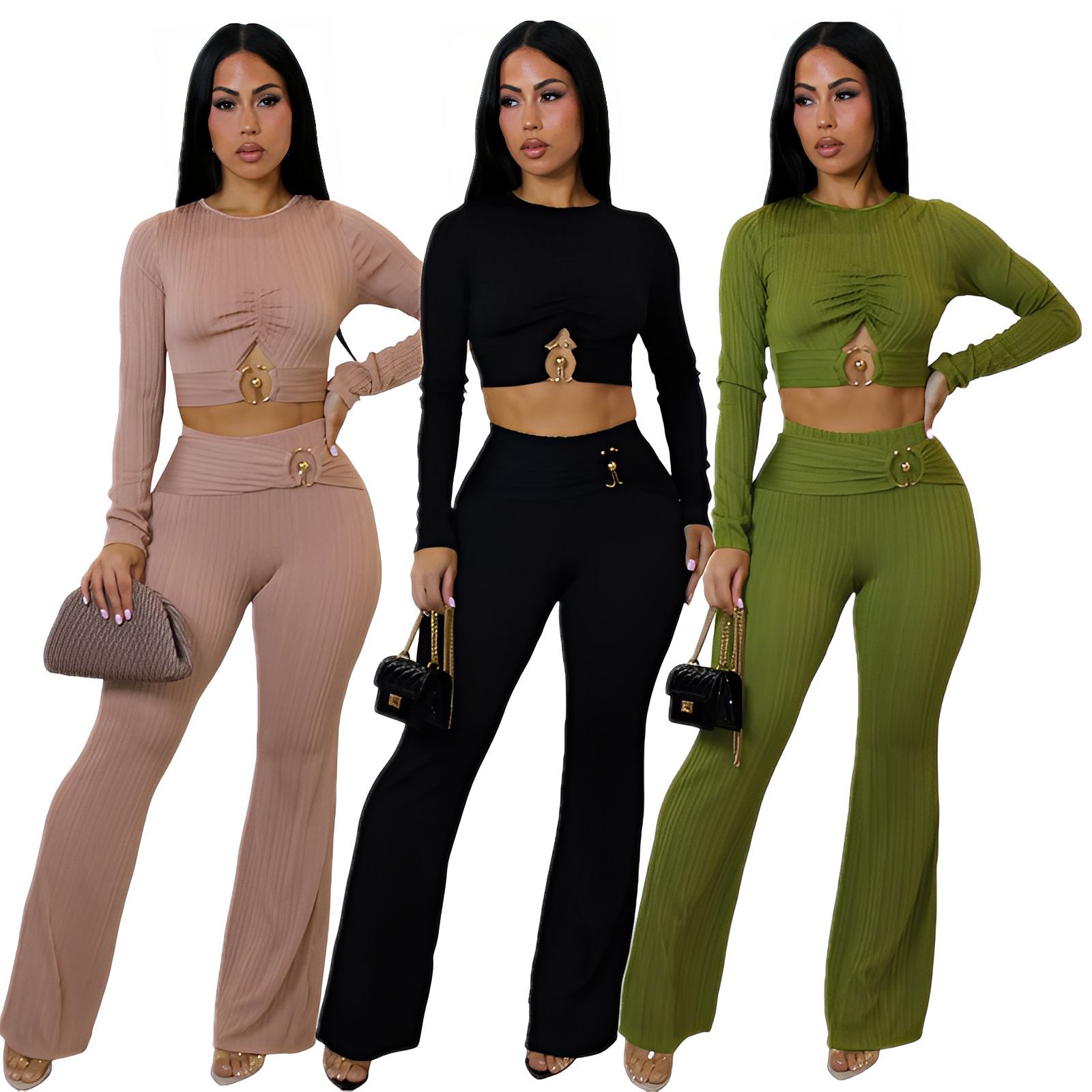 Women Autumn/Winter Ribbed Sexy Cutout Top Bell Bottom Pant Two-Piece Set