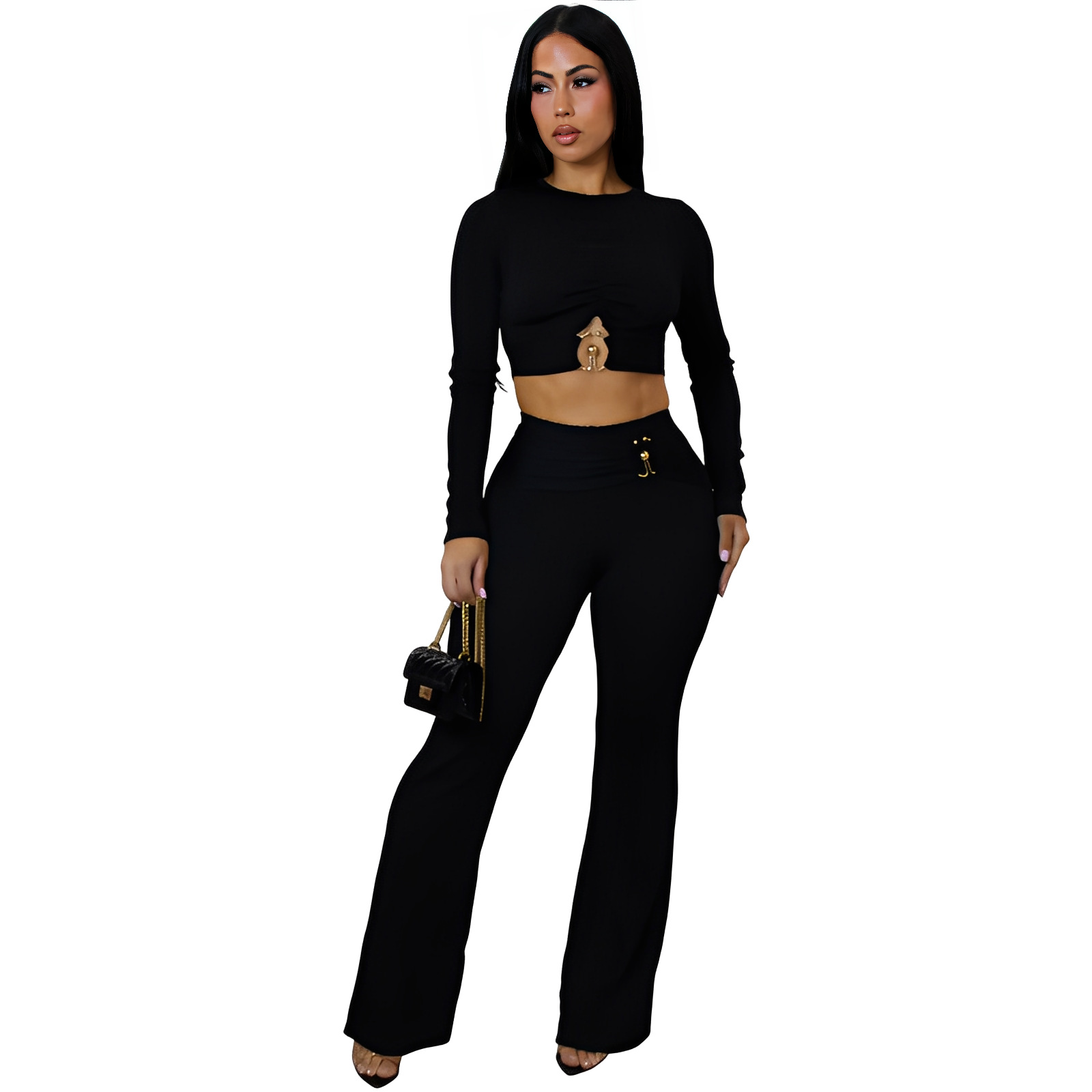 Women Autumn/Winter Ribbed Sexy Cutout Top Bell Bottom Pant Two-Piece Set