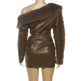 Women Autumn/Winter Pu Leather Frayed Sexy Bodycon Dress