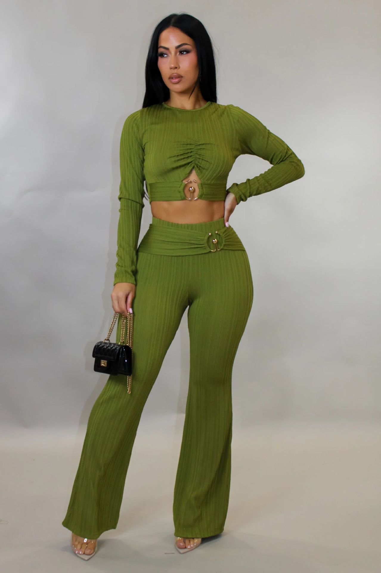 Women Autumn/Winter Ribbed Sexy Cutout Top Bell Bottom Pant Two-Piece Set