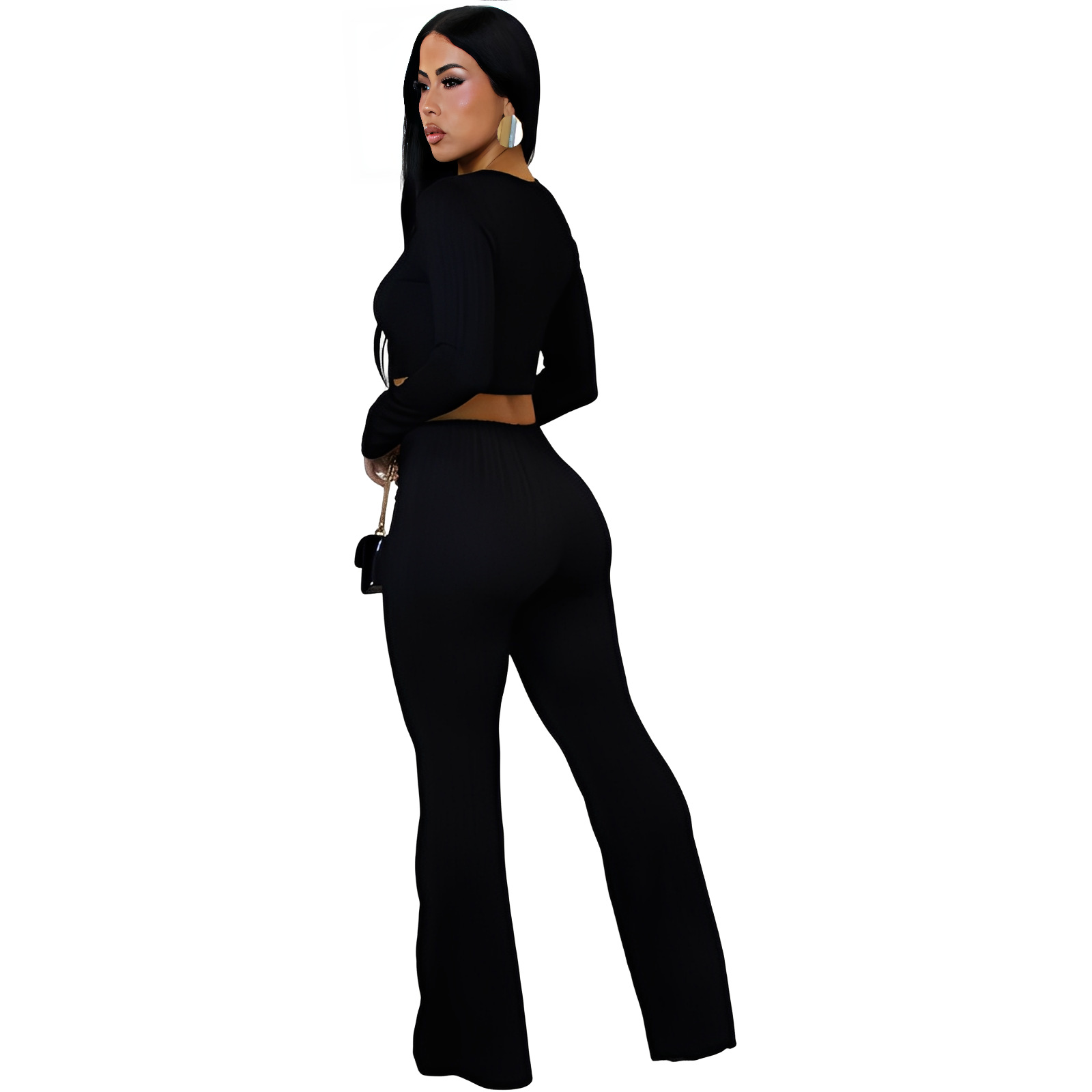 Women Autumn/Winter Ribbed Sexy Cutout Top Bell Bottom Pant Two-Piece Set