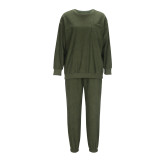 Plus Size Women Casual Solid Long-Sleeved Top and Pants Two-Piece Set