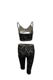 Women Summer Lace See-Through Sleeveless Patterned Crop Top and Pant Two-Piece Set
