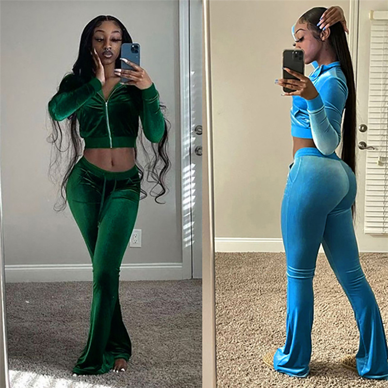 Women Autumn/Winter Sexy Crop Zipper Hooded Top and Bell Bottom Pant Two-Piece Set