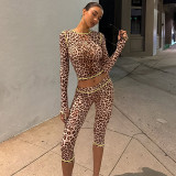 Women French Autumn/Winter Leopard Print Long-Sleeve Crop Top and Shorts Two-Piece Set
