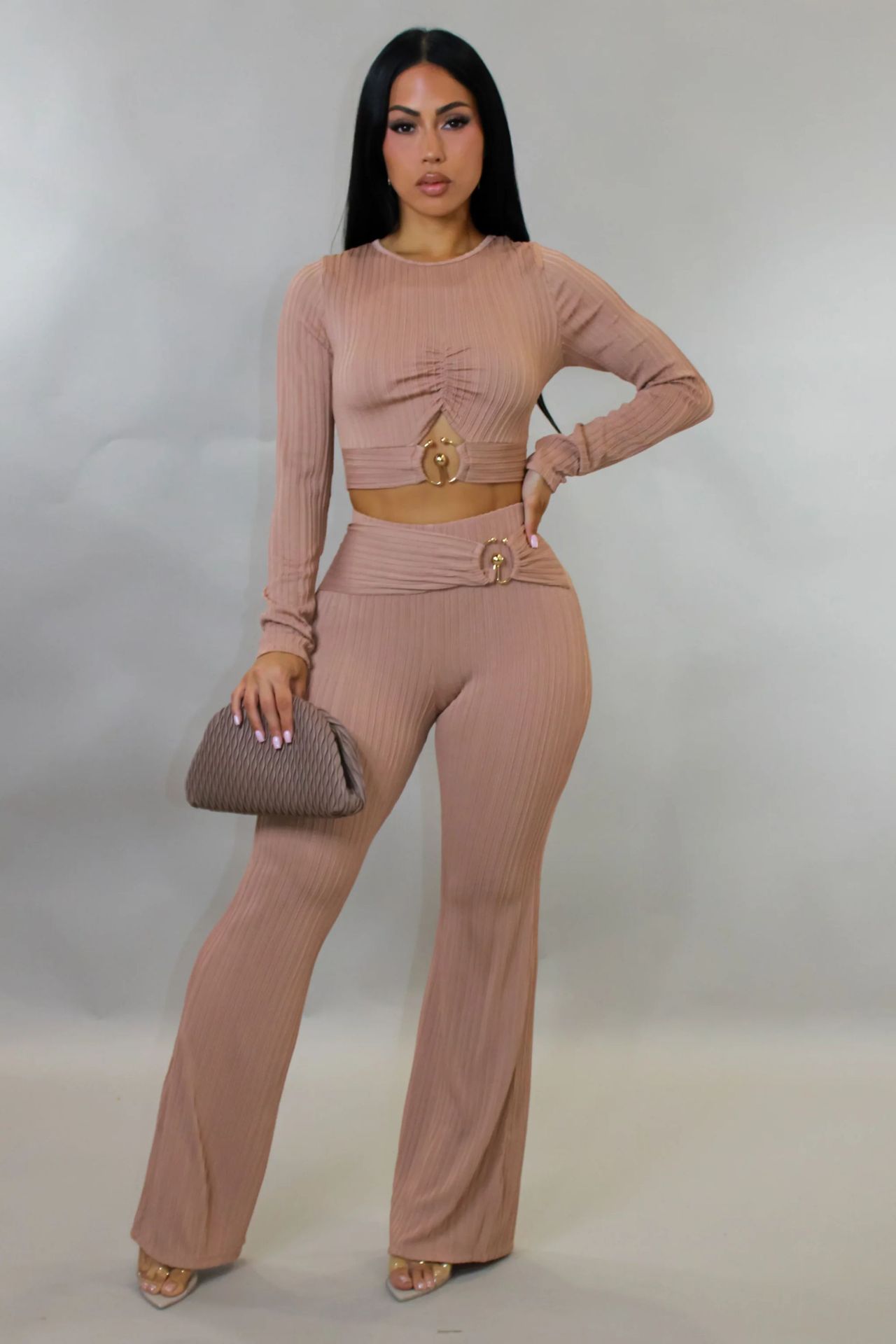 Women Autumn/Winter Ribbed Sexy Cutout Top Bell Bottom Pant Two-Piece Set