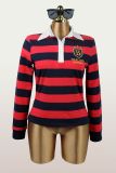 Women Casual Striped Color Block Turndown Collar Polo Top