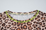 Women French Autumn/Winter Leopard Print Long-Sleeve Crop Top and Shorts Two-Piece Set