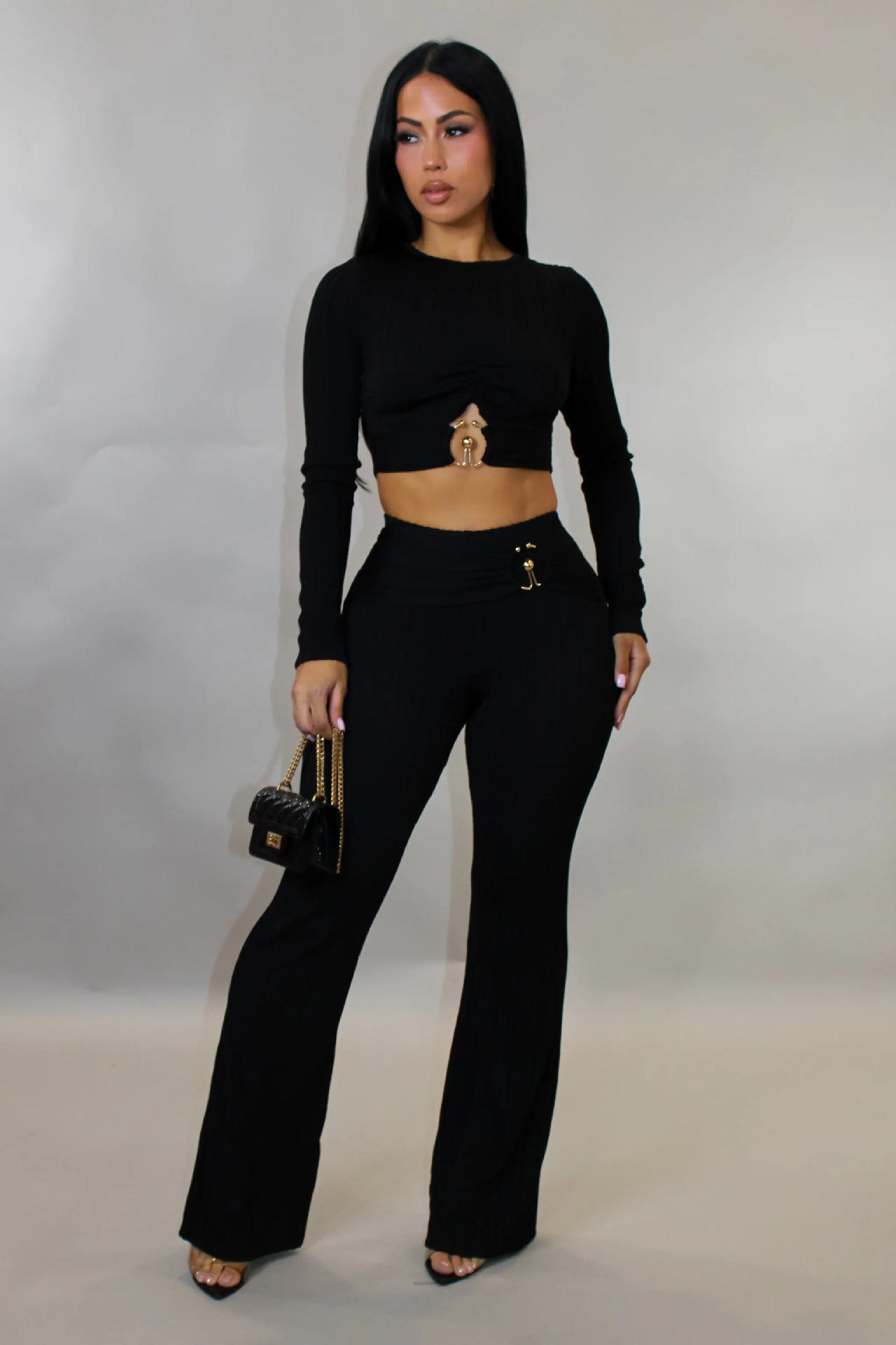 Women Autumn/Winter Ribbed Sexy Cutout Top Bell Bottom Pant Two-Piece Set