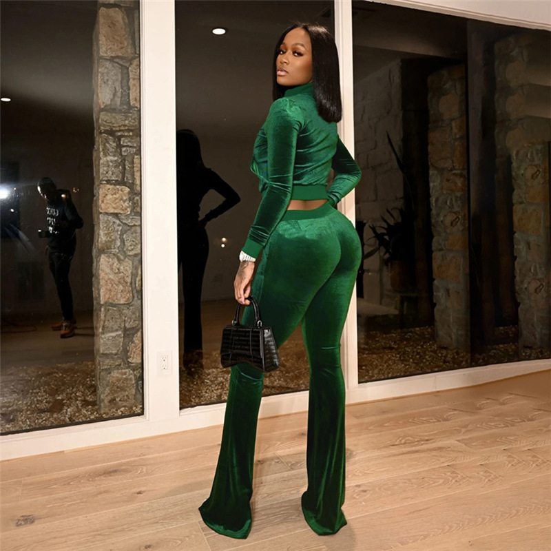 Women Autumn/Winter Sexy Crop Zipper Hooded Top and Bell Bottom Pant Two-Piece Set