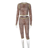 Women French Autumn/Winter Leopard Print Long-Sleeve Crop Top and Shorts Two-Piece Set