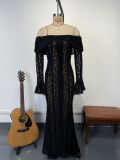 Women Lace Cutout Off Shoulder Bell Bottom Sleeve Elegant Sexy Strapless Bodycon Dress