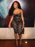 Women Summer Lace See-Through Sleeveless Patterned Crop Top and Pant Two-Piece Set