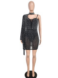 Women Mesh See-Through Sexy One-Sleeve Mini Dress