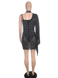 Women Mesh See-Through Sexy One-Sleeve Mini Dress