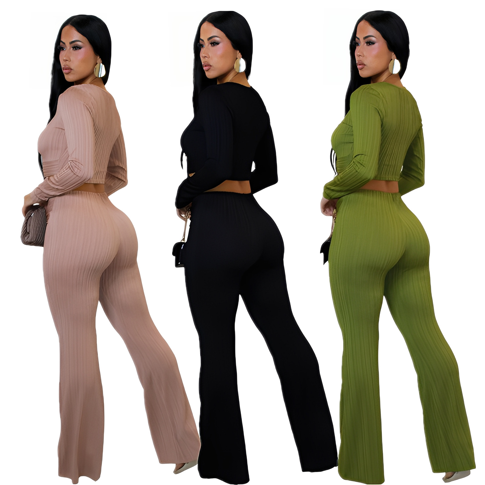 Women Autumn/Winter Ribbed Sexy Cutout Top Bell Bottom Pant Two-Piece Set