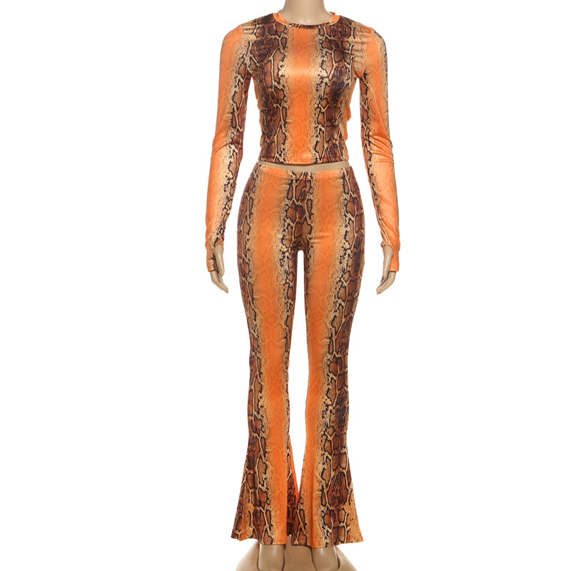 Women Autumn Sexy Printed Long-Sleeved Crop Top and Bell Bottom Trousers Two-Piece Set