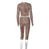 Women French Autumn/Winter Leopard Print Long-Sleeve Crop Top and Shorts Two-Piece Set