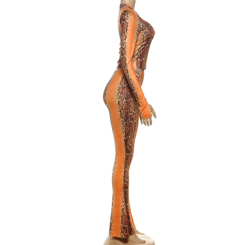 Women Autumn Sexy Printed Long-Sleeved Crop Top and Bell Bottom Trousers Two-Piece Set