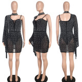 Women Mesh See-Through Sexy One-Sleeve Mini Dress