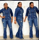 African Women Stretchy Denim Top and Bell Bottom Pant Two-Piece Set