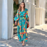 Women Printed Turndown Collar Maxi Dress