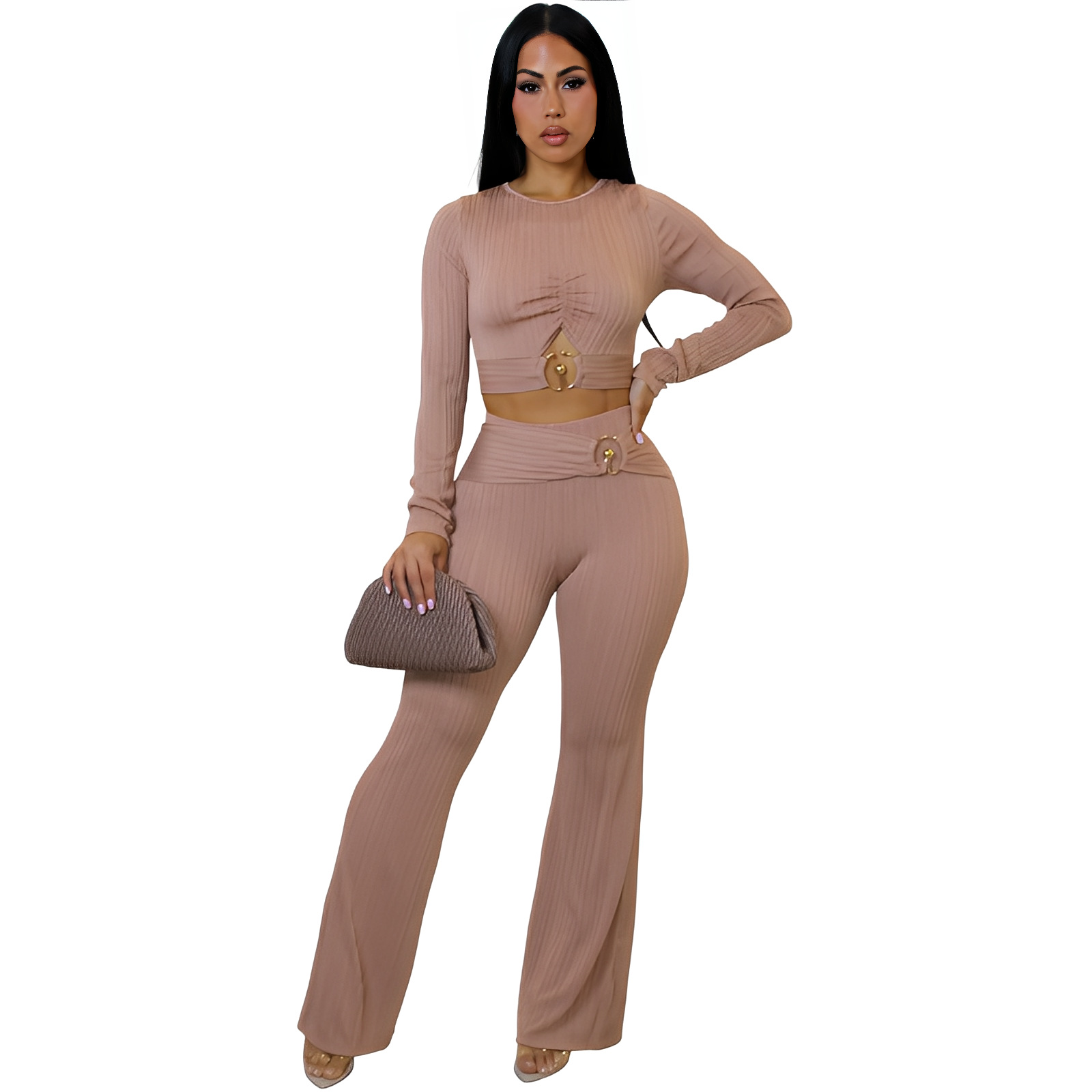 Women Autumn/Winter Ribbed Sexy Cutout Top Bell Bottom Pant Two-Piece Set