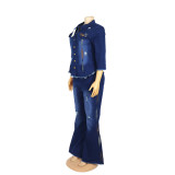 African Women Stretchy Denim Top and Bell Bottom Pant Two-Piece Set