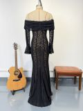 Women Lace Cutout Off Shoulder Bell Bottom Sleeve Elegant Sexy Strapless Bodycon Dress