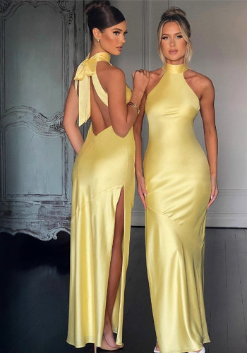 Women's Slit Satin Low Back Chic Bodycon Dress