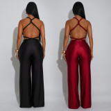 Women's Fashion Solid Color Sexy Bustier Low Back Lace-Up Jumpsuit