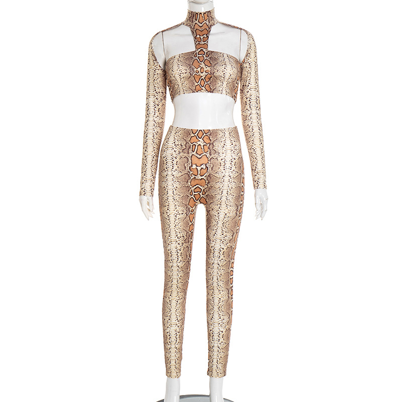 Autumn/Winter Women's High Neck Halter Neck Snake Print Crop Top with Tight Slim Pants Set