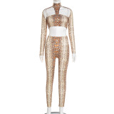 Autumn/Winter Women's High Neck Halter Neck Snake Print Crop Top with Tight Slim Pants Set