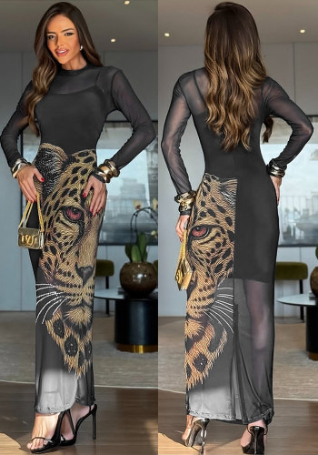 Women's Fashion Sexy Beaded Mesh Print Dress Set